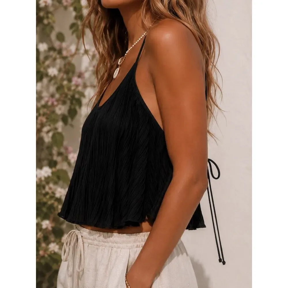 Free People Intimately Ribbed Swing Cami Tank Top Black Boho Coastal Cropped S
